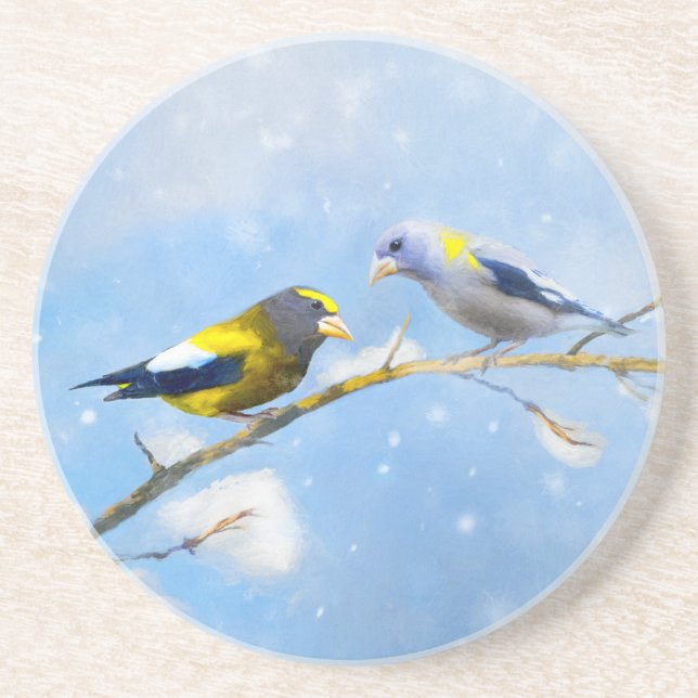 Dessous De Verre En Grès Soirée Grosbeak Peinture - Cute Original Chien Art (Devant)