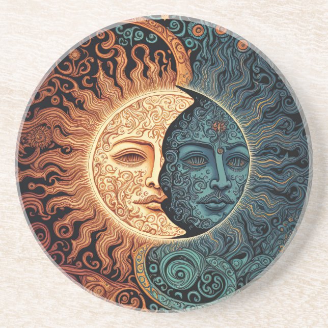 Dessous De Verre En Grès Soleil et lune rétrospectifs psychédéliques (Devant)