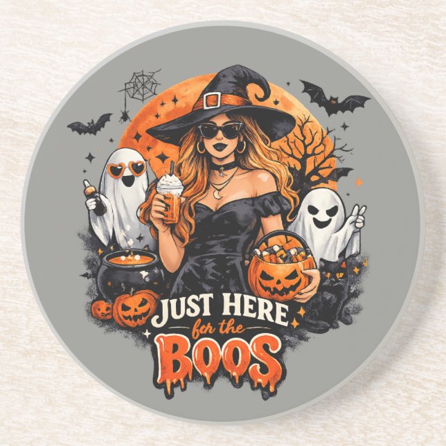 Dessous De Verre En Grès Sorcière Moderne Juste Ici pour les Boos Halloween (Devant)