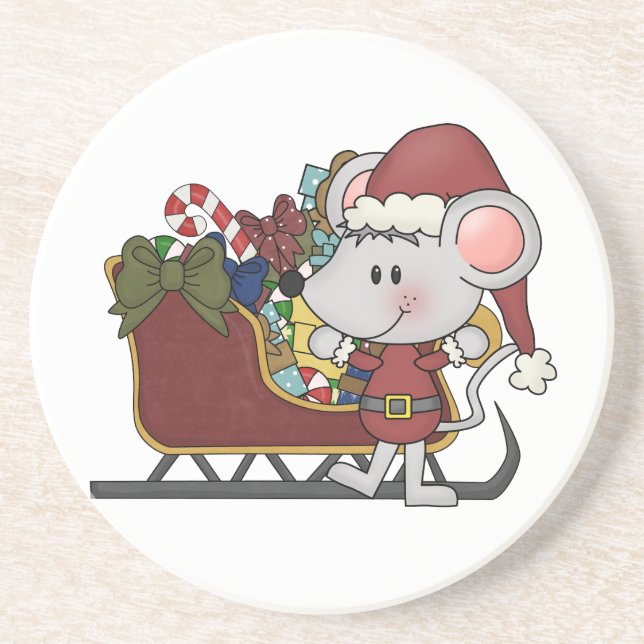 Dessous De Verre En Grès Souris de Père Noël avec le traîneau (Devant)
