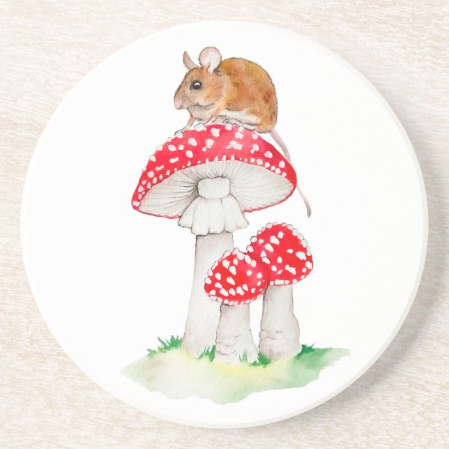 Dessous De Verre En Grès Souris mignonne à la mouche aquarelle agarique (Devant)