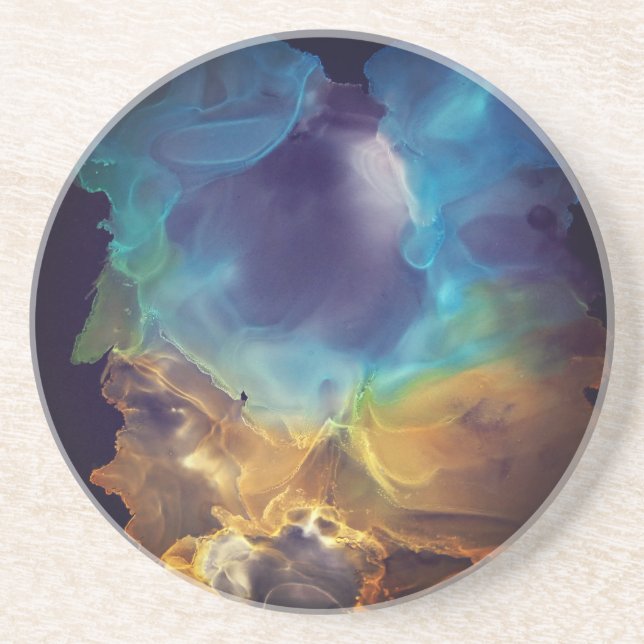 Dessous De Verre En Grès Space Nebula bleu jaune Alcool art (Devant)