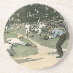 Dessous De Verre En Grès Sports Anciens, Joueur de Baseball Glissant dans l