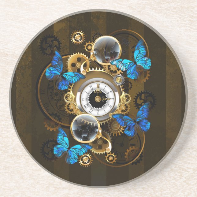 Dessous De Verre En Grès Steampunk Gears and Blue Butterflies (Devant)