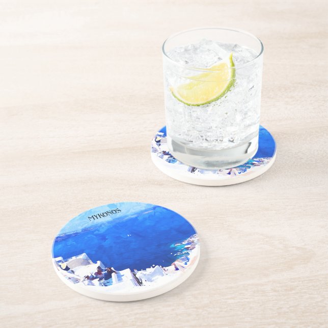 Dessous De Verre En Grès Style Mykonos Grèce Cyclades Island Peinture (Côté)