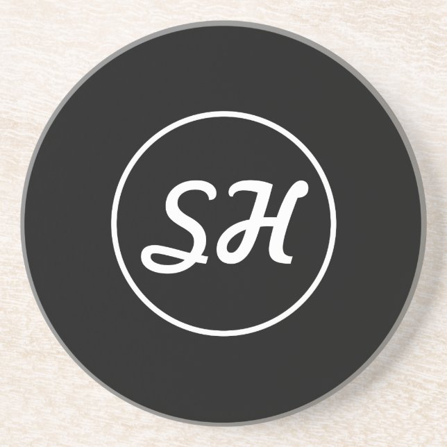 Dessous De Verre En Grès Style Rétro-Moderne Monogramme | Noir & Blanc (Devant)