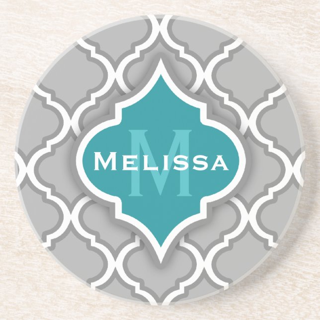 Dessous De Verre En Grès Stylish Teal and Gray Moroccan Tile Pattern (Devant)