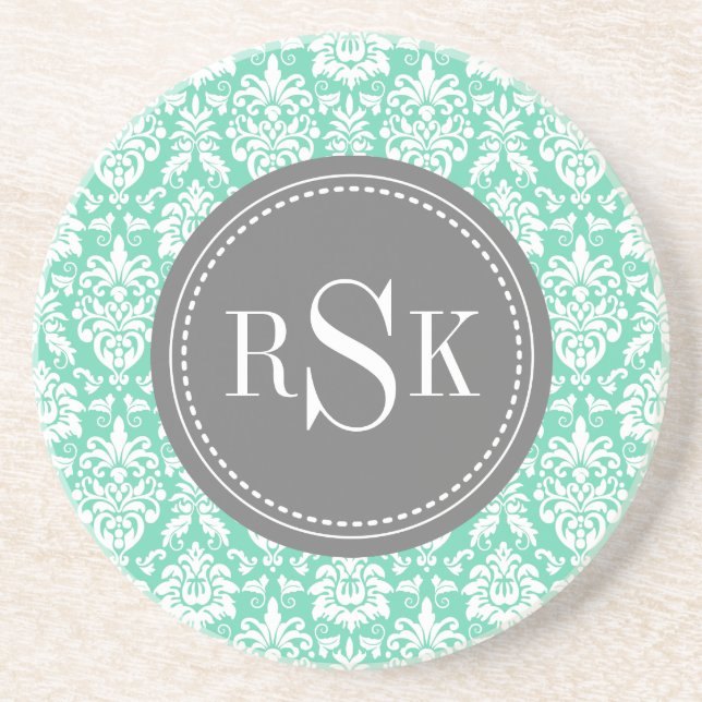 Dessous De Verre En Grès Stylo Monogram Trio Mint Damask (Devant)