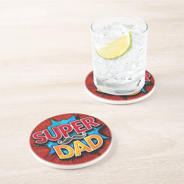 Dessous De Verre En Grès Super Papa Moustache Rétro Bande Dessinée Grunge (Côté)