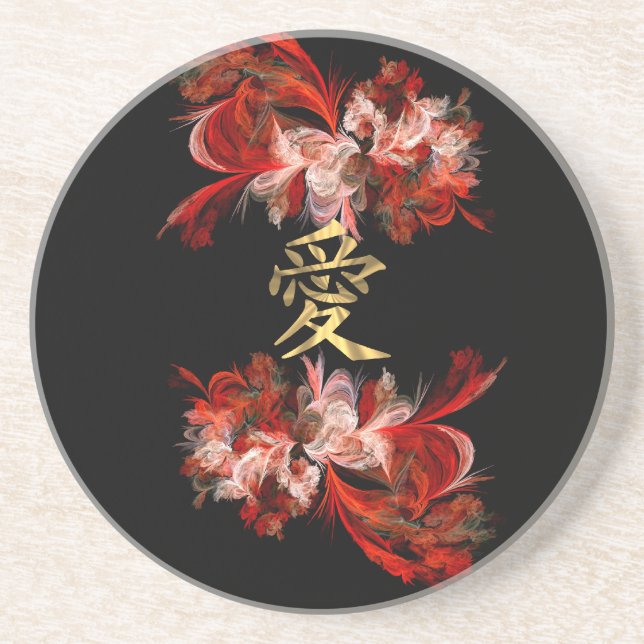 Dessous De Verre En Grès Symbole d'amour chinois sur la fractale rouge (Devant)