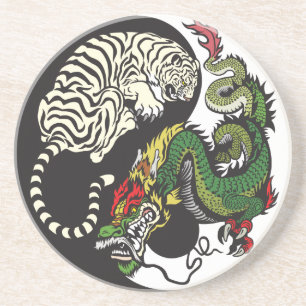 Dessous De Verre En Grès symbole du dragon vert et du tigre blanc yin yang