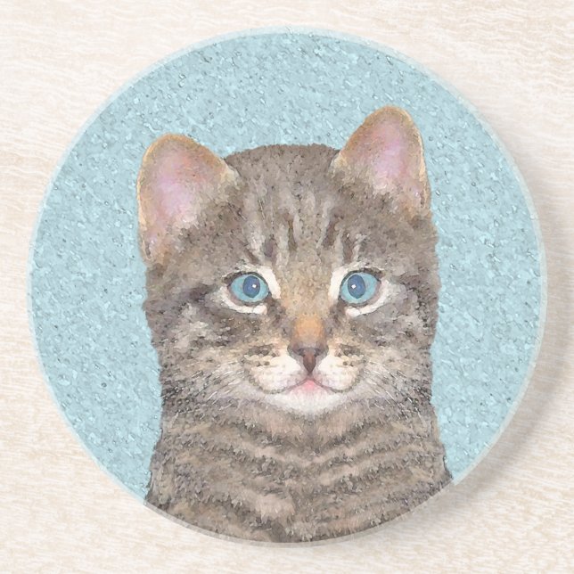 Dessous De Verre En Grès Tabby Gris Peinture Chat - Cute Original Art Chat (Devant)