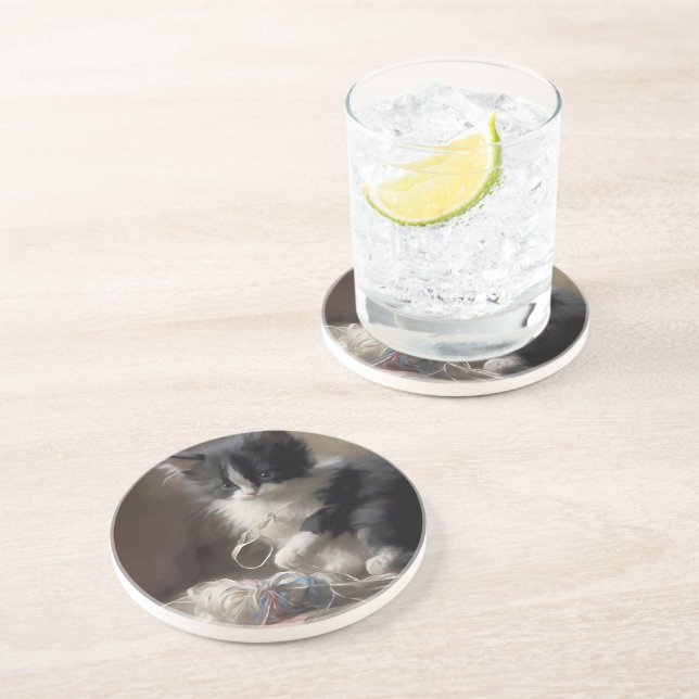 Dessous De Verre En Grès Tangup Dans Fun Black and White Kitten (Côté)