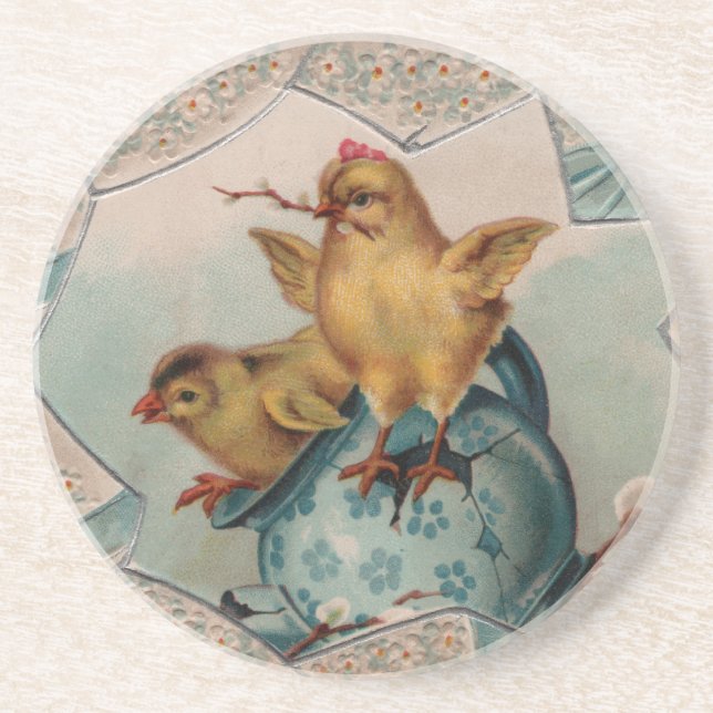 Dessous De Verre En Grès Tapis de Pâques Œuf Bleu et Poussins (Devant)