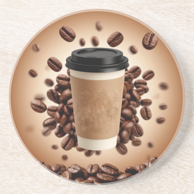 Dessous De Verre En Grès Tasse de café flottante avec grains de café (Devant)