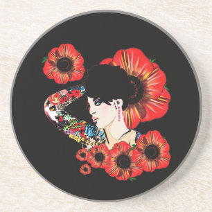 Dessous De Verre En Grès Tattoo inked girl among poppy flowers Art by LeahG