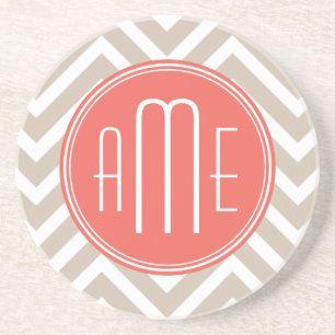 Dessous De Verre En Grès Taupe et Corail Élégant Monogramme Personnalisé