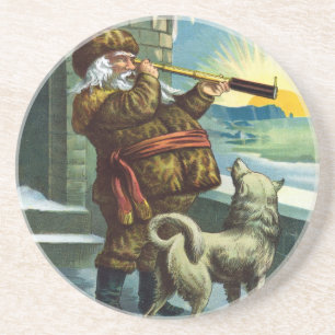 Dessous De Verre En Grès Téléscope Chien de Noël Père Noël Vintage Coucher