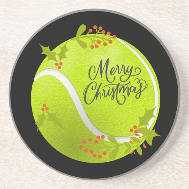 Dessous De Verre En Grès Tennis Noël avec balle de tennis et Père Noël (Devant)