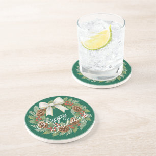 Dessous De Verre En Grès Terrain Décembre Classé Avec Vacances Bow Blanc
