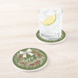 Dessous De Verre En Grès Terrain Décembre Classé Avec Vacances Bow Blanc