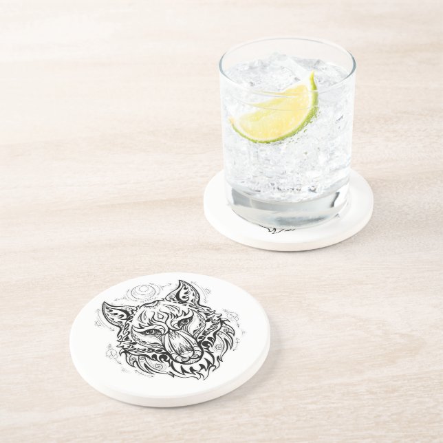 Dessous De Verre En Grès Tête de loup aux décorations ethniques (Côté)
