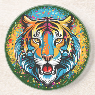 Dessous De Verre En Grès Tête de tigre couleurs arc-en-ciel peinture taches