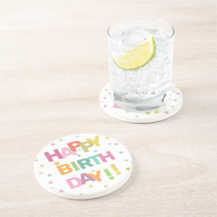 Dessous De Verre En Grès Texte coloré Confetti et étoiles Joyeux anniversai
