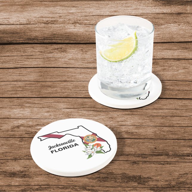 Dessous De Verre En Grès Texte personnalisé Floride Drapeau & Fleur Orange  (Créateur téléchargé)