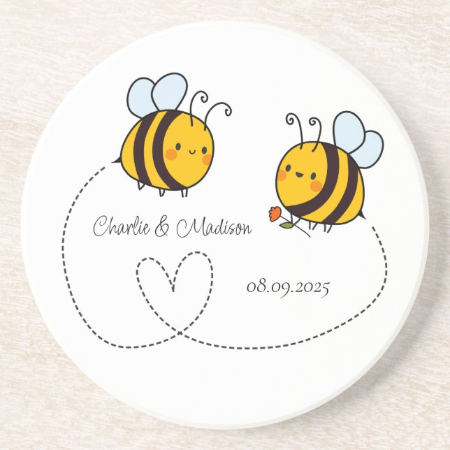 Dessous De Verre En Grès Texte personnalisé Happy Love Bees (Devant)