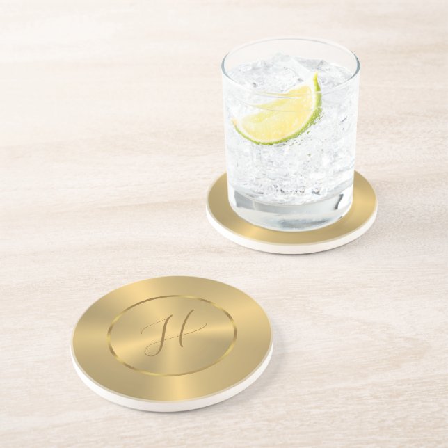 Dessous De Verre En Grès Texture dorée métallique monogramme personnalisé (Côté)