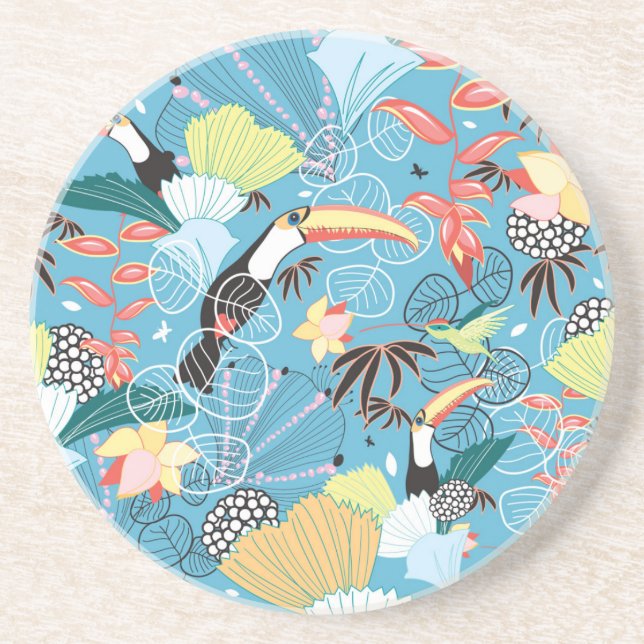 Dessous De Verre En Grès Texture tropicale avec des toucans et des colibris (Devant)