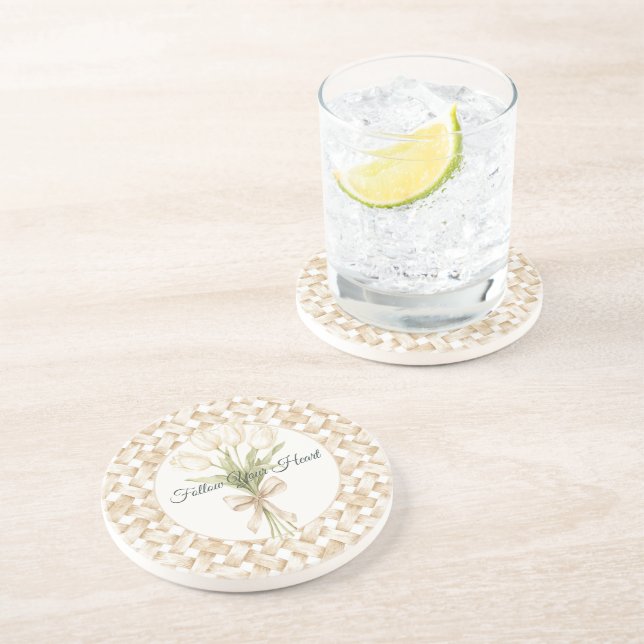 Dessous De Verre En Grès Tissage Panier Faux Blanc Crème (Côté)