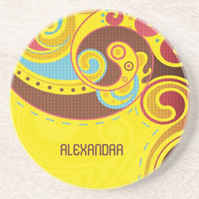 Dessous De Verre En Grès Tons Chauds et Jaunes Abstraits Fils-Monogramme (Devant)