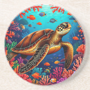 Dessous De Verre En Grès Tortue de mer et récif de corail vibrant