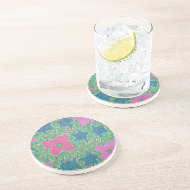 Dessous De Verre En Grès Tortues de mer et fleurs Art tropical (Côté)