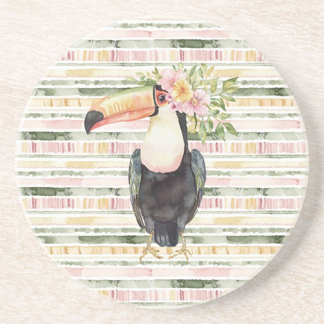 Dessous De Verre En Grès Toucan Bird Pink Green Stripes (Devant)