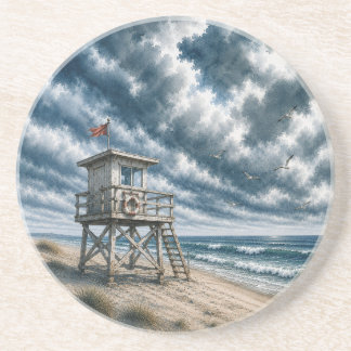 Dessous De Verre En Grès Tour de sauvetage à l'aquarelle sur la plage côtiè