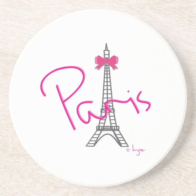 Dessous De Verre En Grès Tour Eiffel de Paris avec noeud papillon rose (Devant)