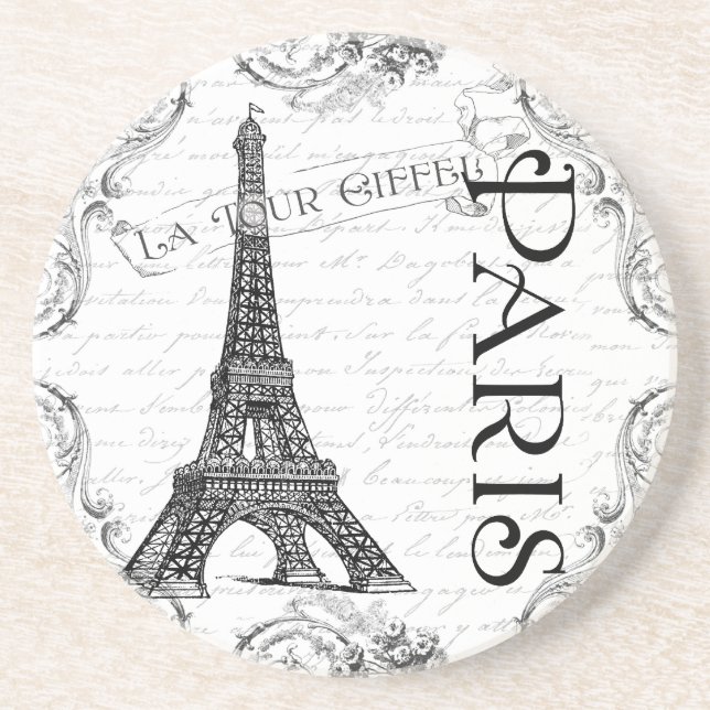 Dessous De Verre En Grès Tour Eiffel en noir et blanc (Devant)