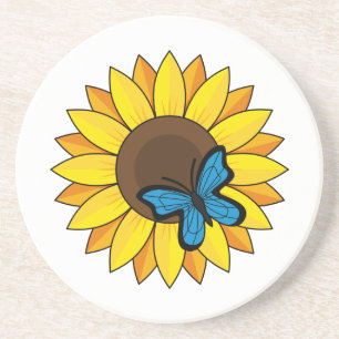 Dessous De Verre En Grès Tournesol et papillon bleu
