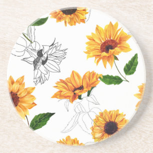 Dessous De Verre En Grès Tournesols dessinés à la main : motif jaune vif.