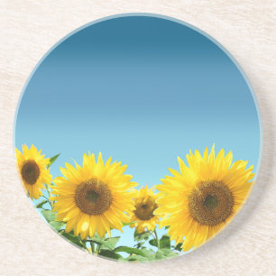Dessous De Verre En Grès Tournesols Élégants sur Nuances Bleu Ciel Boisson