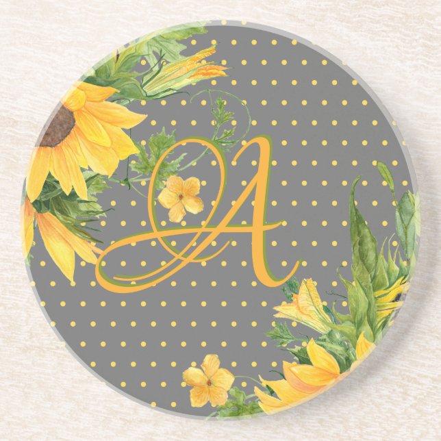 Dessous De Verre En Grès Tournesols monogrammes Décor gris jaune (Devant)