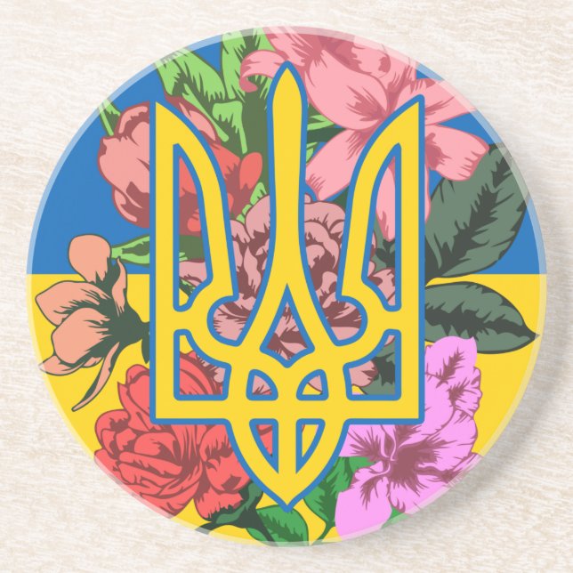 Dessous De Verre En Grès Trident ukrainien et drapeau de l'Ukraine avec des (Devant)
