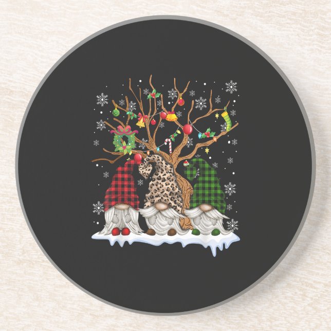 Dessous De Verre En Grès Trois Gnomes Léopard Buffalo Plaid Rouge Noël L (Devant)
