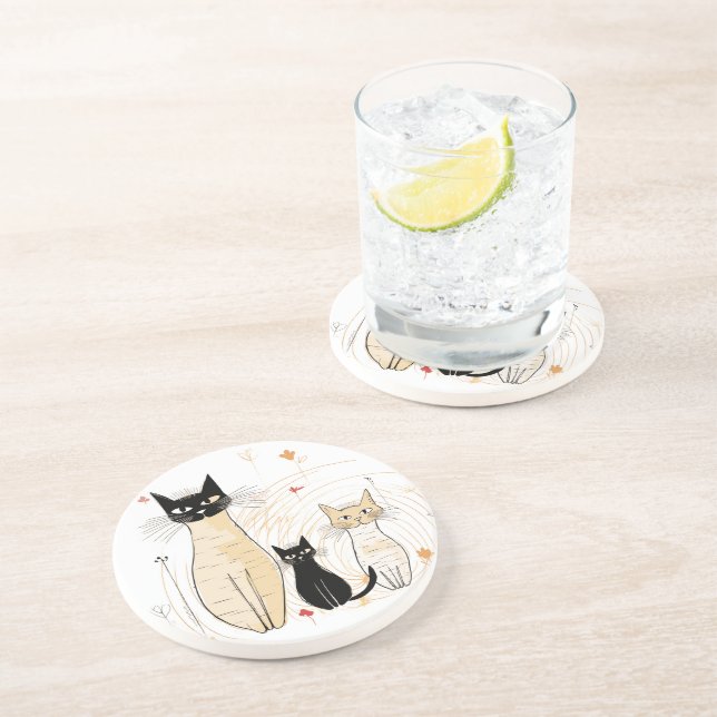 Dessous De Verre En Grès Trois Kitties et fleurs Dessous de verre de grès (Côté)