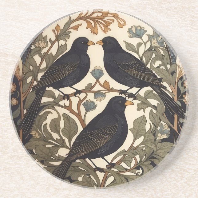 Dessous De Verre En Grès Trois oiseaux noirs William Morris Inspiré (Devant)