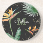 Dessous De Verre En Grès Tropical Gold Black Floral Foliage Script<br><div class="desc">Apportez un peu d'élégante hospitalité tropicale dans votre maison chaque fois que vous vous détendez avec votre boisson préférée avec ce dessous de verre de grès monogramme moderne et chic. D'étonnants oiseaux d'aquarelle tropicaux, sophistiqués, colorés, de fleurs de paradis, de parties scintillant faux or, et de script de calligraphie personnalisée...</div>