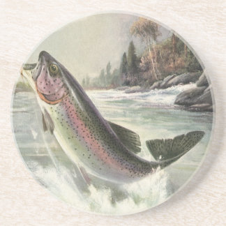 Dessous De Verre En Grès Truite arc-en-ciel vintage, pêcheur à la pêche